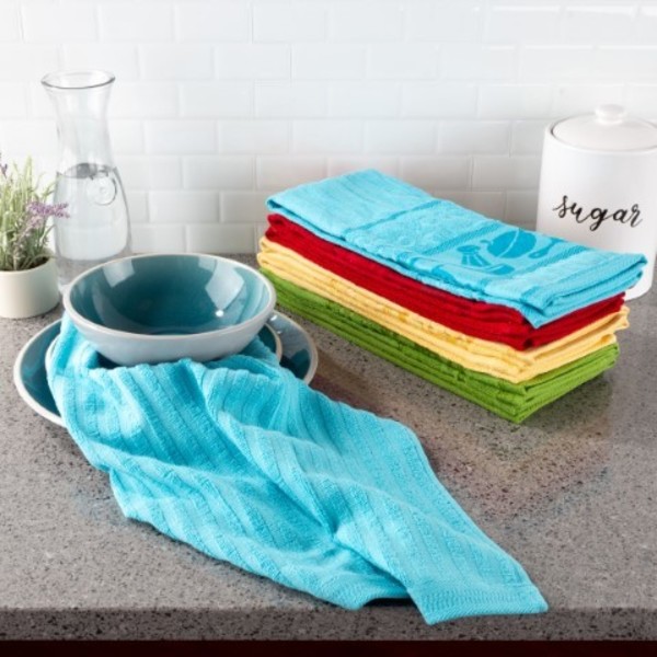 Hastings Home Set of 8 Kitchen Towels 16"x28" 100-percent Absorbent Icon Design Dishtowel for Drying 4 Colors 423699DUE